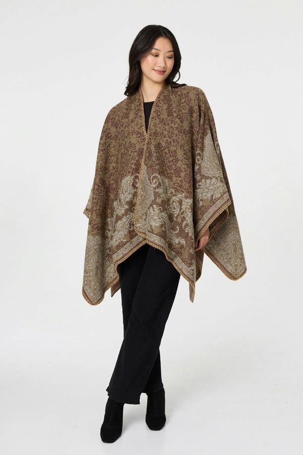Beige | Printed Open Front Relaxed Poncho
