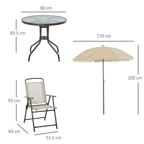 Bistro table with umbrella and folding chair shown with size measurements