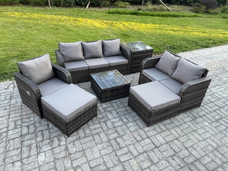 Fimous Indoor Outdoor Rattan Garden Furniture 8 Seater Set Table Sofa Chair Patio Conservatory with Grey Cushions Side Table 2 Big Footstool