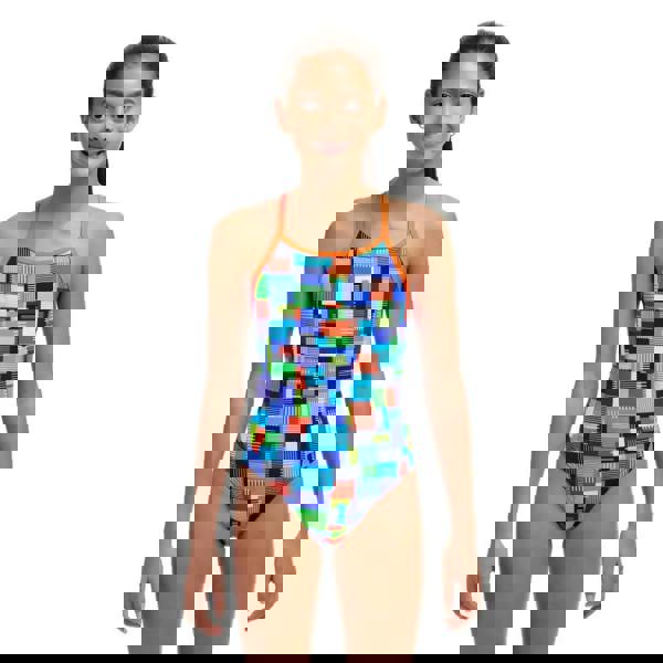 Funkita girls chip set diamond back swimsuit in blue orange geometric pattern