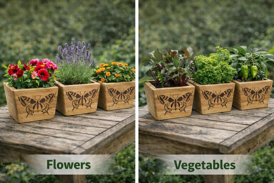 Upcycled wooden garden pots used for flowers and vegetable growing