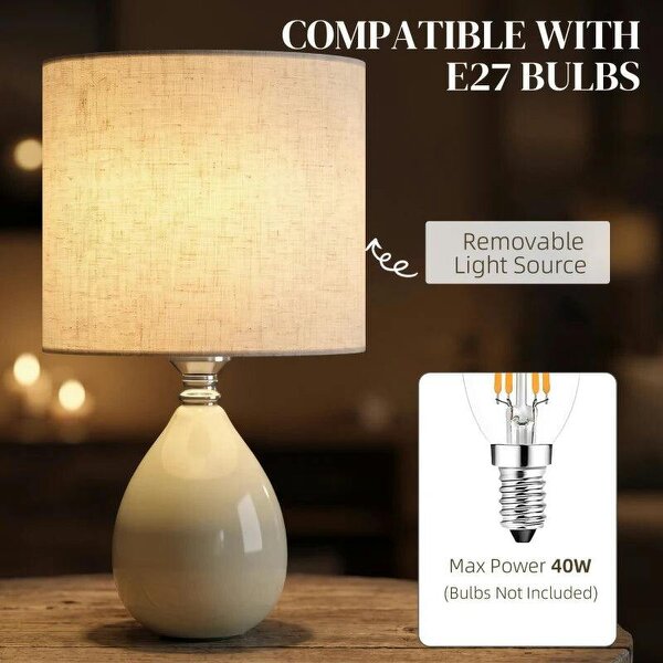 Table Lamp, Vintage Eastern Bedside Desk Lamp with Fabric Lampshade for Study, Bedroom, Living Room, Cream White