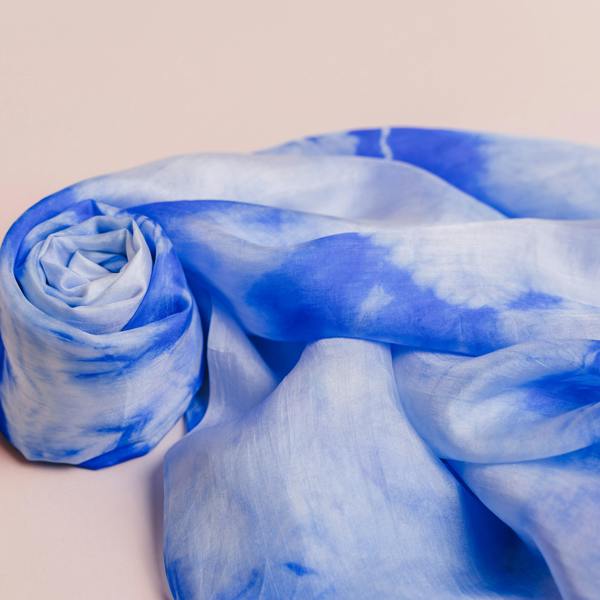 Sky Blue Shibori Silk Scarf – Hand-Dyed Mulberry Silk, Headscarf & Spring Wrap