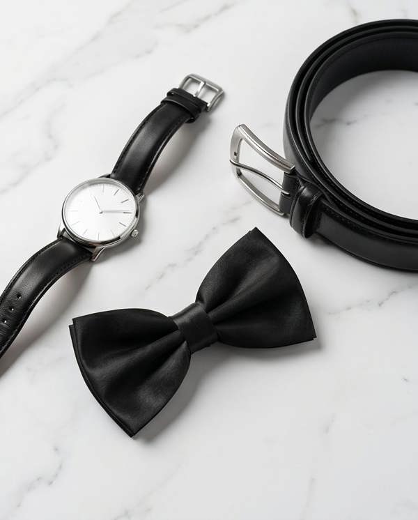 Black leather watch, belt, and bow tie on a white marble surface