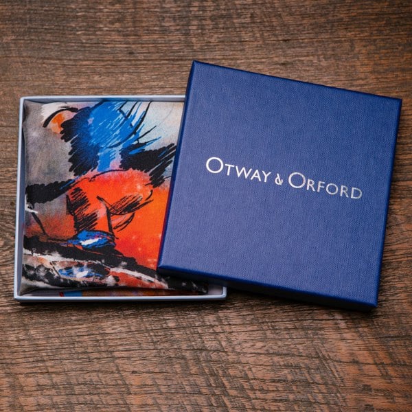 skiing silk pocket square in red and blue by Otway & Orford in gift box