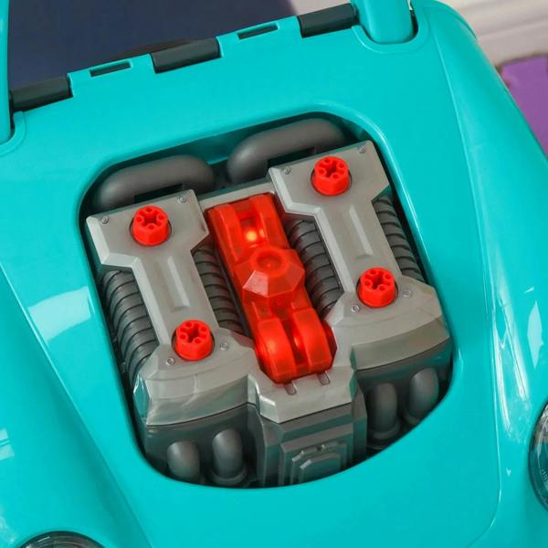 Teal toy car engine compartment with red gearbox pieces and gray mechanical parts