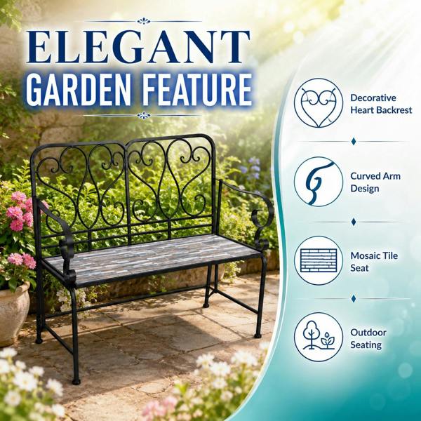 Oasis Mosaic 2 Seater Garden Bench, 112cm Outdoor Patio Seat with Ceramic Tile Seat, Scrollwork Backrest & Metal Frame image 6