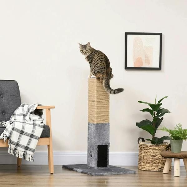 Grey jute cat scratching post with dangling ball, carpet base, in-room setup