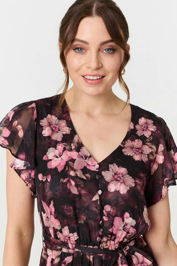 Black | Floral Angel Sleeve Tie Waist Maxi Dress
