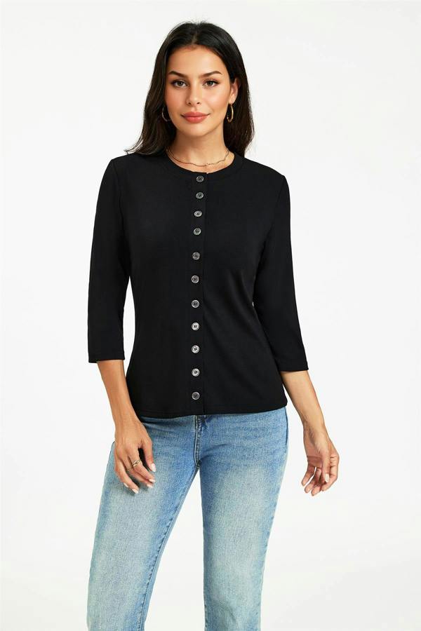 FS Collection Button Through 3/4 Sleeve Jersey Cardigan Top Black