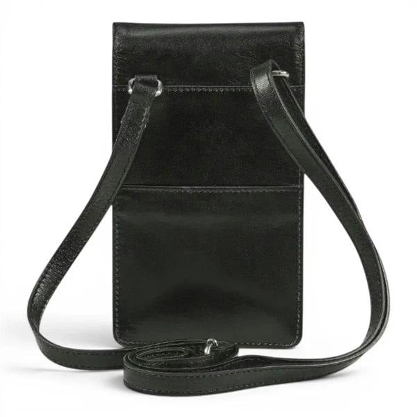 Black leather crossbody phone pouch with a long adjustable strap, shown on a plain white background.