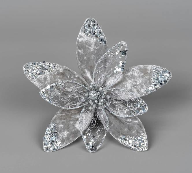 20cm Silver Poinsettia Christmas Flower Decoration with Metal Clip for Trees, Garlands and Displays image 1