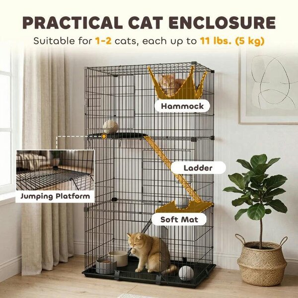 3-Tier Large Cat Cage Indoor, Detachable Metal Wire Kennel with Hammock, Platforms, Tray and Cushions for 1-2 Kittens