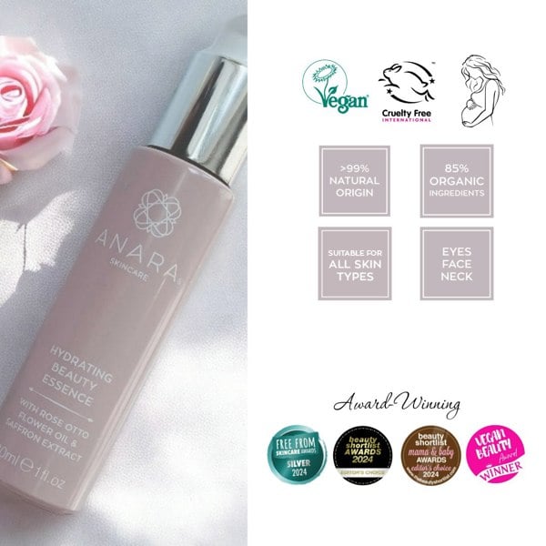 Anara Skincare Hydrating Beauty Essence with credentials and awards
