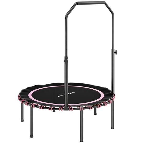 Pink 40in foldable fitness trampoline with rebounder handle and black jumping mat
