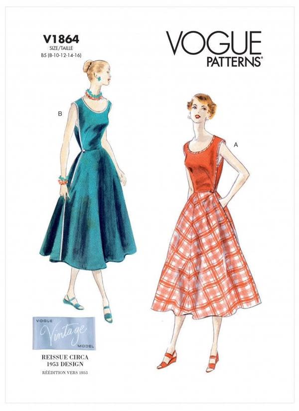 Vogue Sewing Pattern 1864, Dresses, Vintage Style for Women, B5 (8-10-12-14-16) - Easy