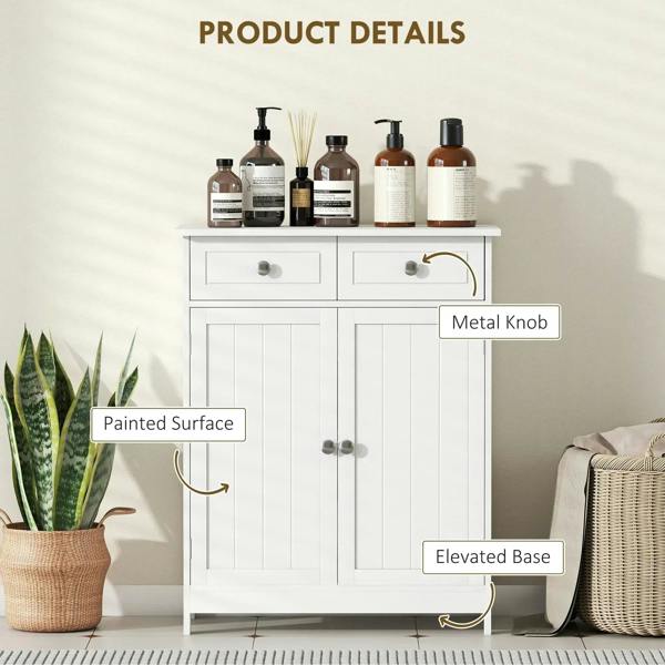 White freestanding cabinet with painted finish, metal knobs, two drawers, and elevated base