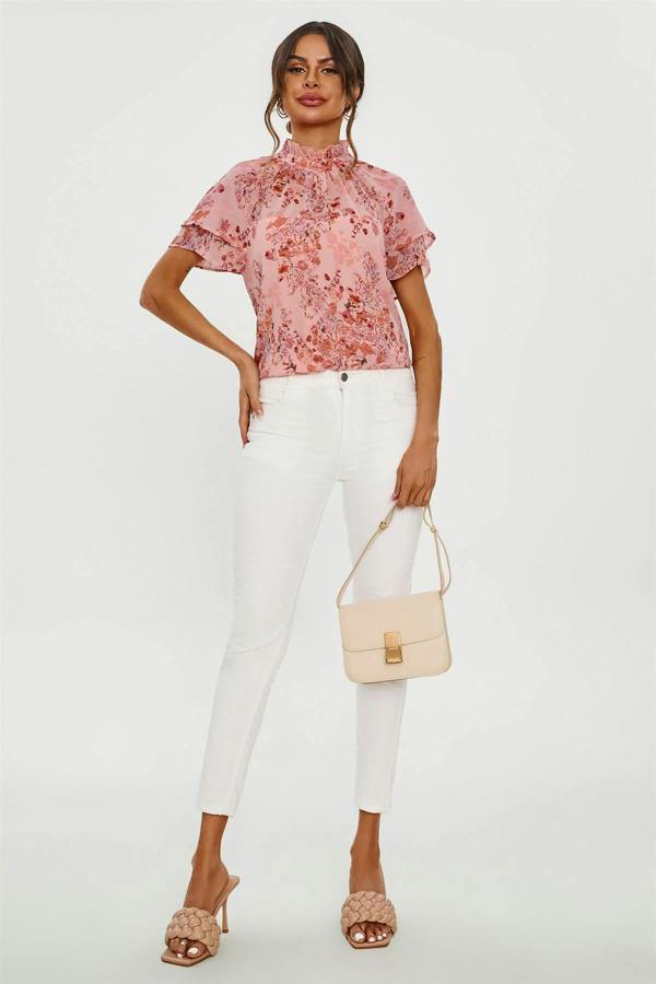 FS Collection Floral Print Frill Hem Sleeve High Neck Blouse Top In Pink