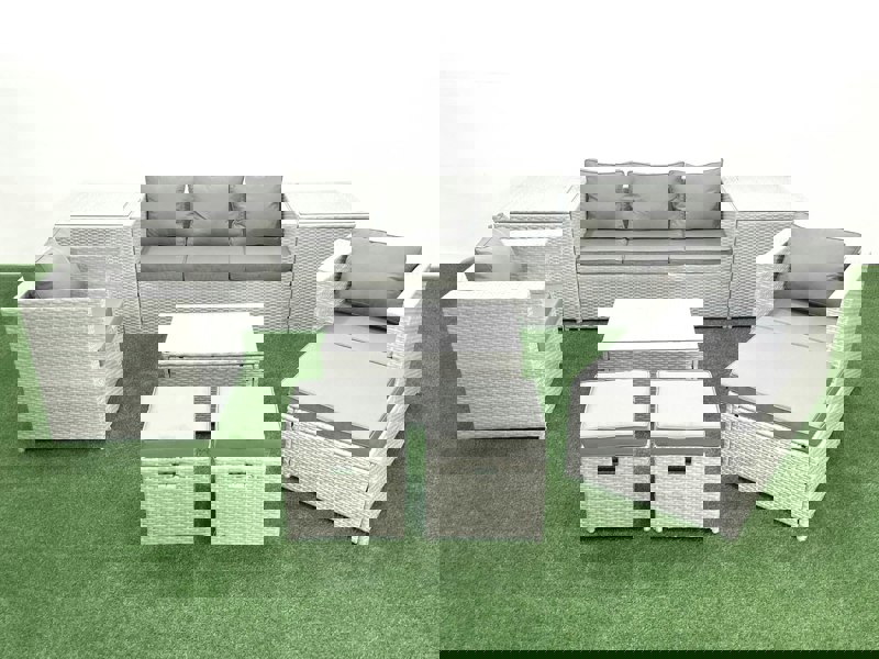 Fimous Rattan Garden Outdoor Furniture Sofa Set with Rectangular Coffee Table 2 Chairs 3 Footstools 2 Side Tables Light Grey Mixed