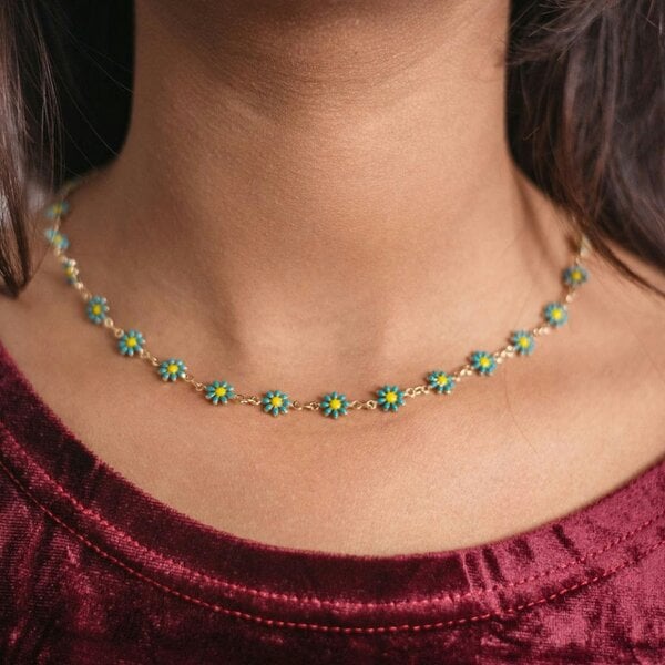 The Colourful Aura Colourful Yellow Flower Charm Indie Boho Daisy Choker Summer Adjustable Necklace - Turquoise