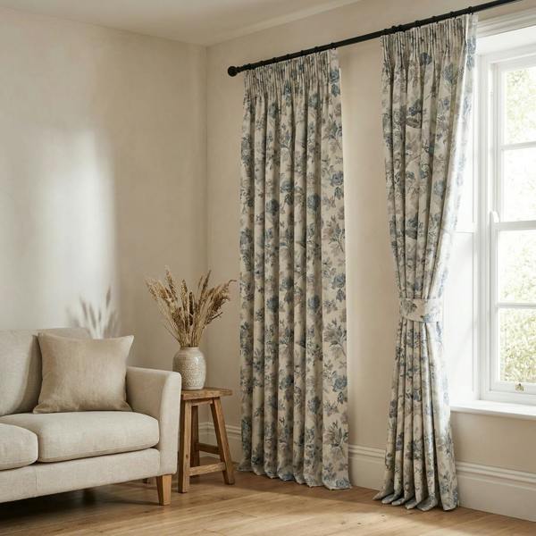 Alderley made-to-measure curtains in Blue, styled in a living room