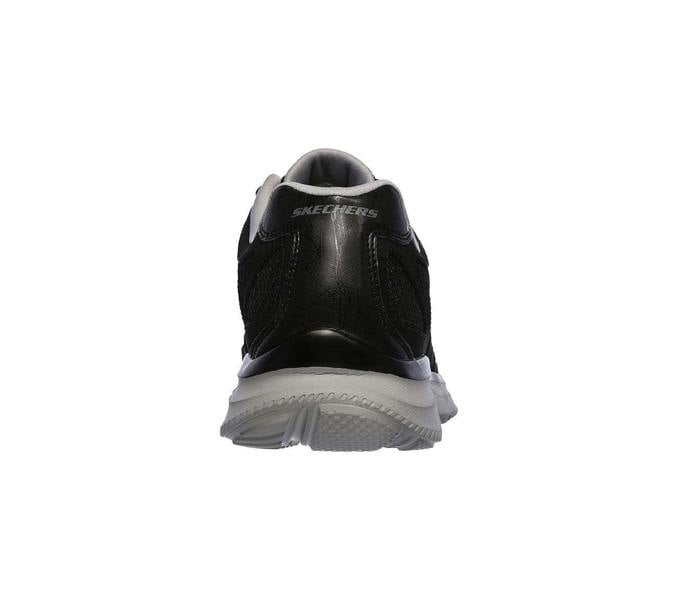 Skechers Verse-Flash Point Mens Sports Gym Walking Lace Up Trainers, black and gray athletic shoes with cushioned sole designed for fitness and walking activities.
