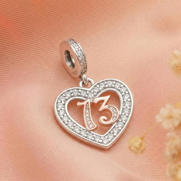 Parus Home 13th Birthday Charm Pandora Compatible 925 Sterling Silver Heart Dangle, Daughter Gift for Bracelet