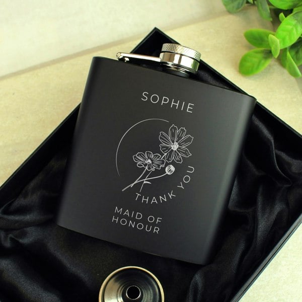 Personalised Memento Company Personalised Monochrome Floral Wedding Party Black Hip Flask