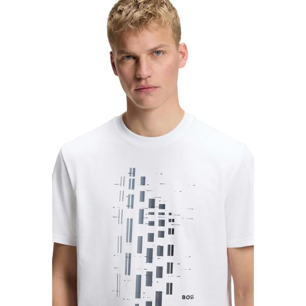 Boss Mens Geometric Stretch Regular T-Shirt - White - 