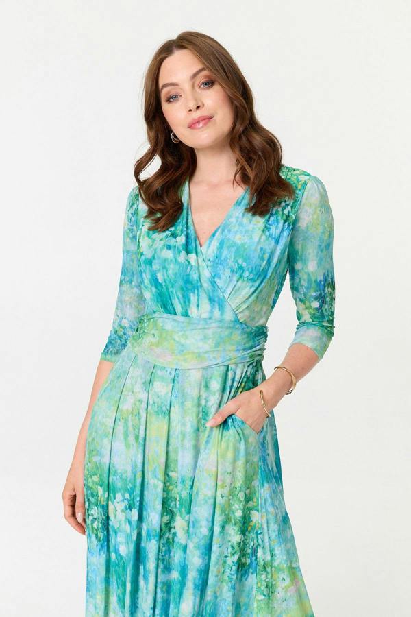 Green | Printed 3/4 Sleeve Wrap Front Midi Dress
