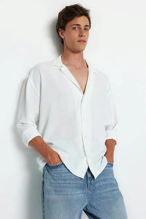 WOVCOR Oversize Fit Open Collar Linen Look Men’s Shirt