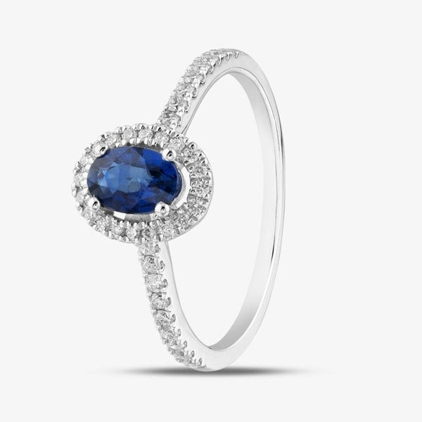 T. H. Baker 18ct White Gold Oval Cut Sapphire & Brilliant Cut Diamond Shoulder Set Halo Ring R57704-SAP M