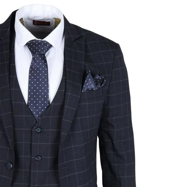 Infinity Leather Men's Navy Checked 3 Piece Suit Tailored Fit