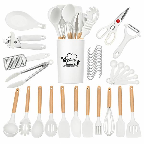 ATEK 35 Piece Silicone Kitchen Utensil Set Wooden Handles White with Holder