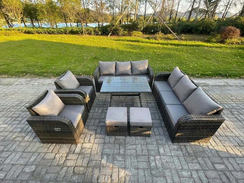 Fimous 10-Seater Dark Grey Rattan Outdoor Sofa & Dining Set | Rectangular Dining Table, 3-Seater Sofa, 2 Footstools