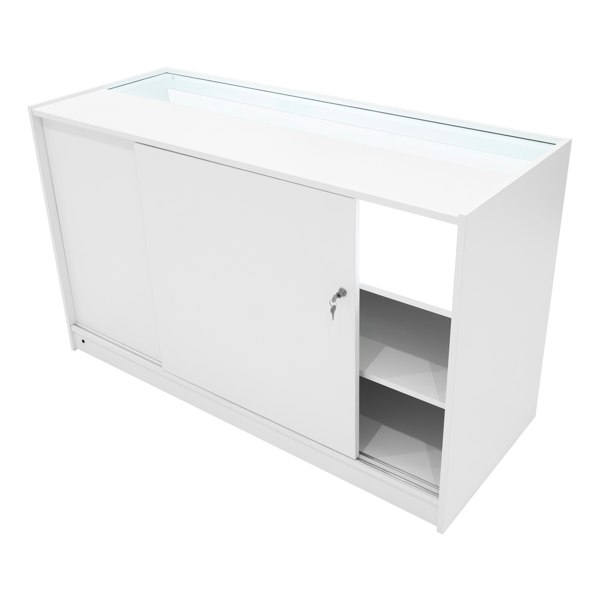 Harmonia LED shop counter set in white, featuring a sleek design, sliding door, glass top, and spacious storage compartments