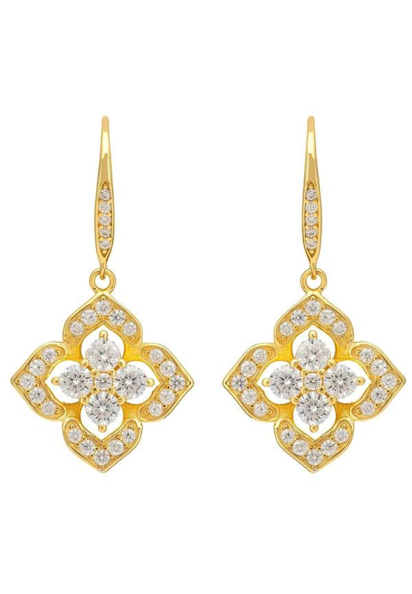 18k gold plated delicate clover drop earrings with cubic zirconia.