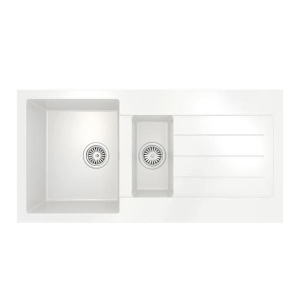 Flode Vänern | 1.5 Bowl Comite Kitchen Sink & Drainer | Inset | 1000mm x 500mm | Strainer Wastes Supplied | Matt White Finish