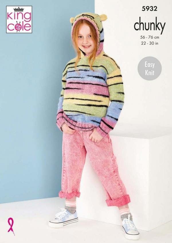 King Cole Safari Chunky Knitting Pattern 5932, Sweaters, Hoodies for Kids, 22 - 30 Inches - Easy
