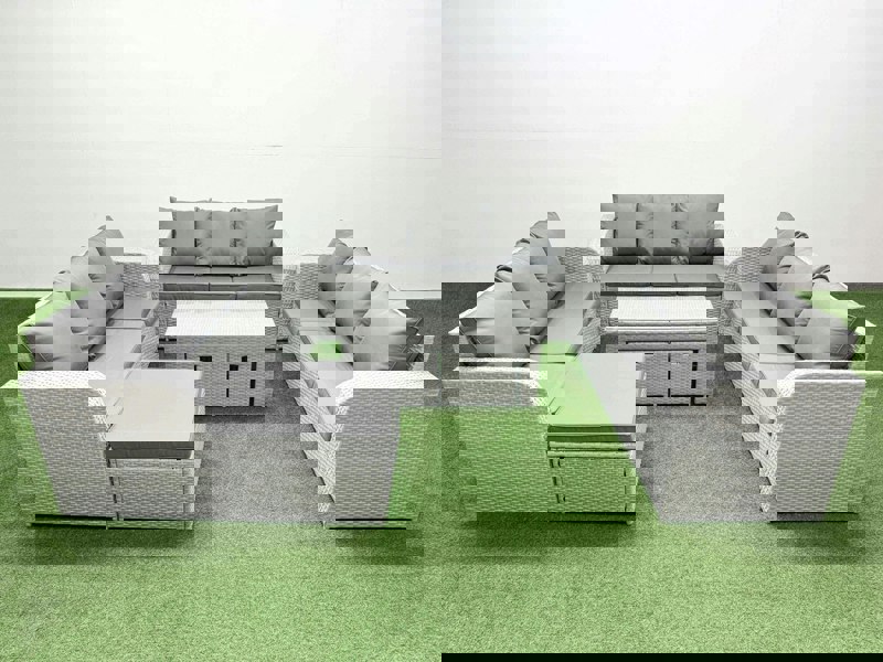 Fimous PE Rattan Lounge Sofa Set 12 Seater Outdoor Garden Furniture Set with Oblong Coffee Table 3 Seater Sofa 3 Stools Light Grey