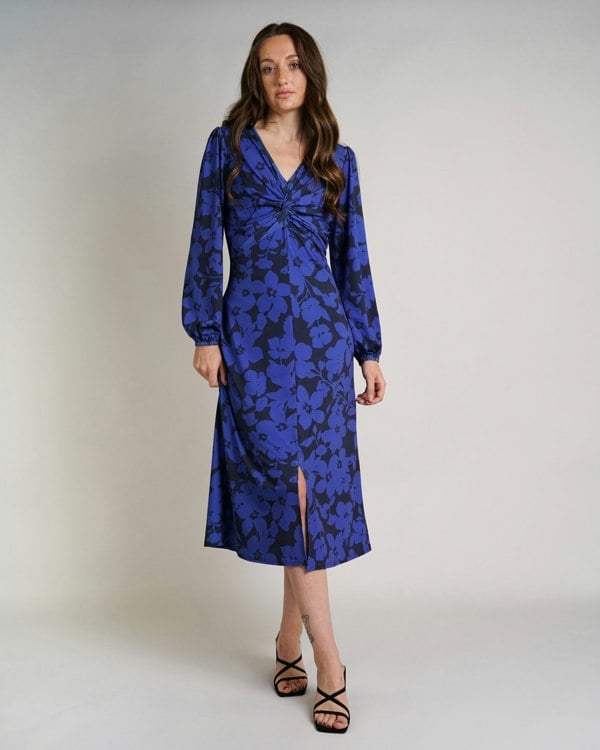 Antonia York Blue Floral Print Dress | Wanda Twisted Front Soft Jersey Midi Dress