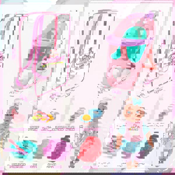 deAO 12" Baby Doll Backpack Playset - Pretend Feeding Set with Doll, Mini High Chair, Accessories & Travel Bag