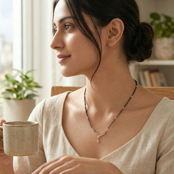 The Colourful Aura Rose Gold CZ Crystal Teardrop Sweep Mangalsutra Black Bead Necklace