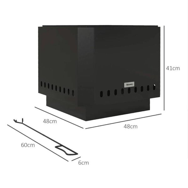 Smokeless Fire Pit, 48 cm Portable Wood Burning Firepit, Square Metal Bonfire Stove with Poker, Black