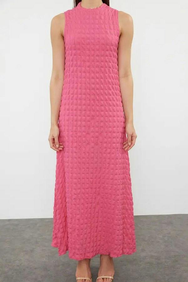 WOVCOR Plain Textured A-Line Neckline Textured Maxi Dress