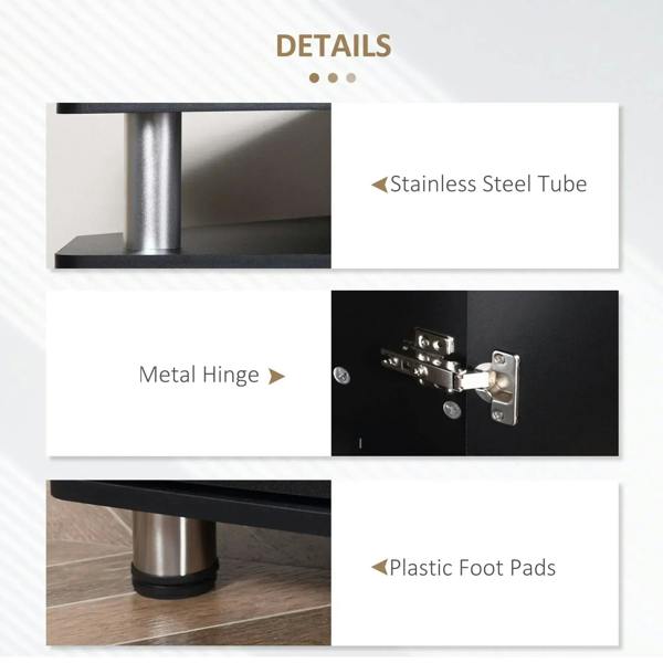 Black TV cabinet hardware close-up: metal hinge and stainless-steel tube legs
