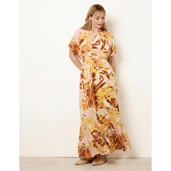 Blue Vanilla Tropical V Front Shirred Waist Maxi Dress