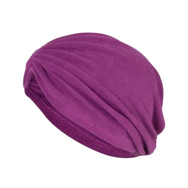 Purple pleated Fashy sauna cap with elastic head wrap