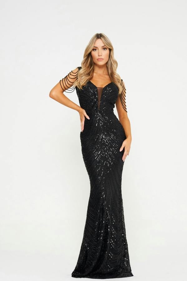 LuvForever Zyana - Black Jewelled Sequin Maxi Dress