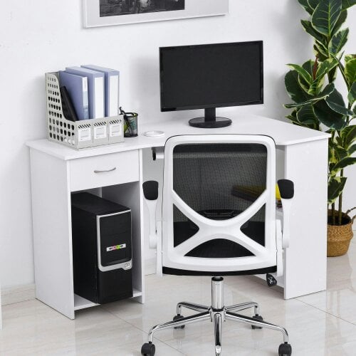 Wyld Haus Bavise 120cm Wooden White L Shaped Corner Desk With Keyboard Tray Drawers